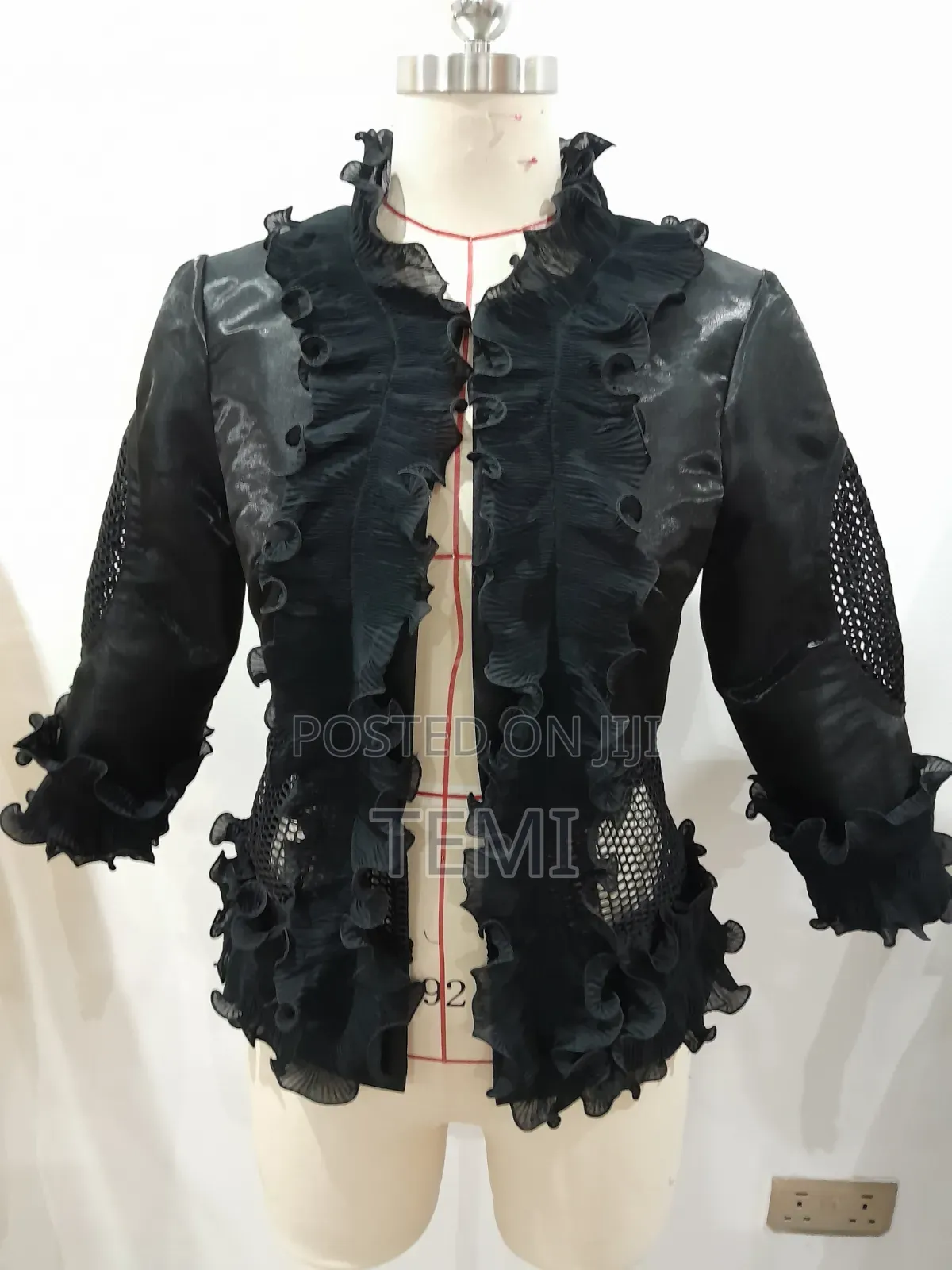 Designer Statement Ruffle Mesh-Panel Open Jacket