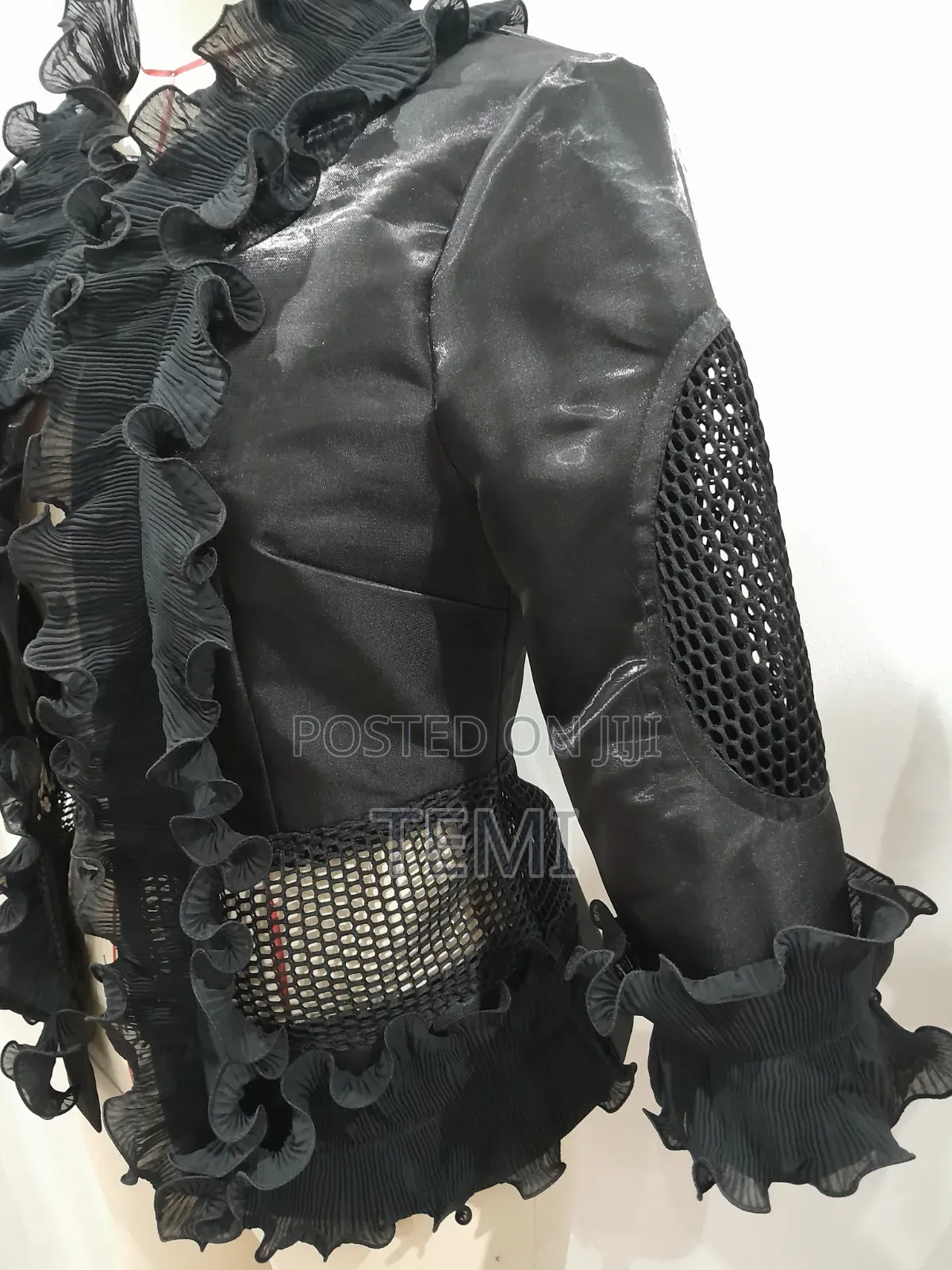 Designer Statement Ruffle Mesh-Panel Open Jacket