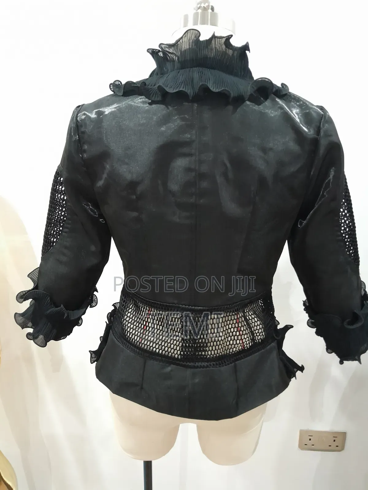 Designer Statement Ruffle Mesh-Panel Open Jacket