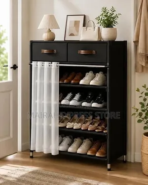 Black Multi-Tier Fabric Shoe Rack With Storage Drawers Curtain 2st7