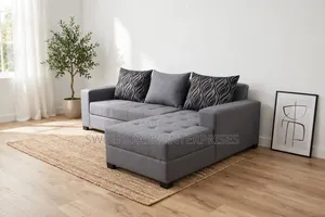 Grey L-Shaped Sectional Sofa With Ottoman + 3 Throw Pillows