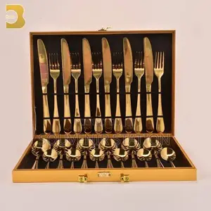 24 PCS Gold Box Cutlery Set,6 Spoons, 6 Tea Spoons,