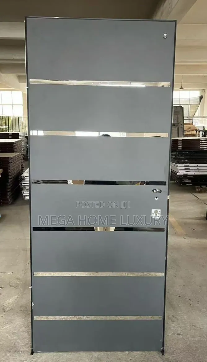 Contemporary Grey Flush Door With Horizontal Metallic / Chrome Inlays