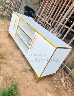 TV SHELF- White 4ft TV Shelf With Gold Tape