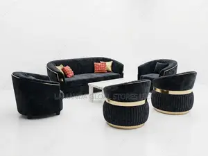 Charcoal Velvet Gold-Band Living Room Sofa Set