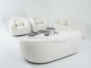 Curved White Bouclé Barrel Sofa Set