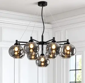Modern Style Led Chandelier, With Amber Glass Spherical Lampshade