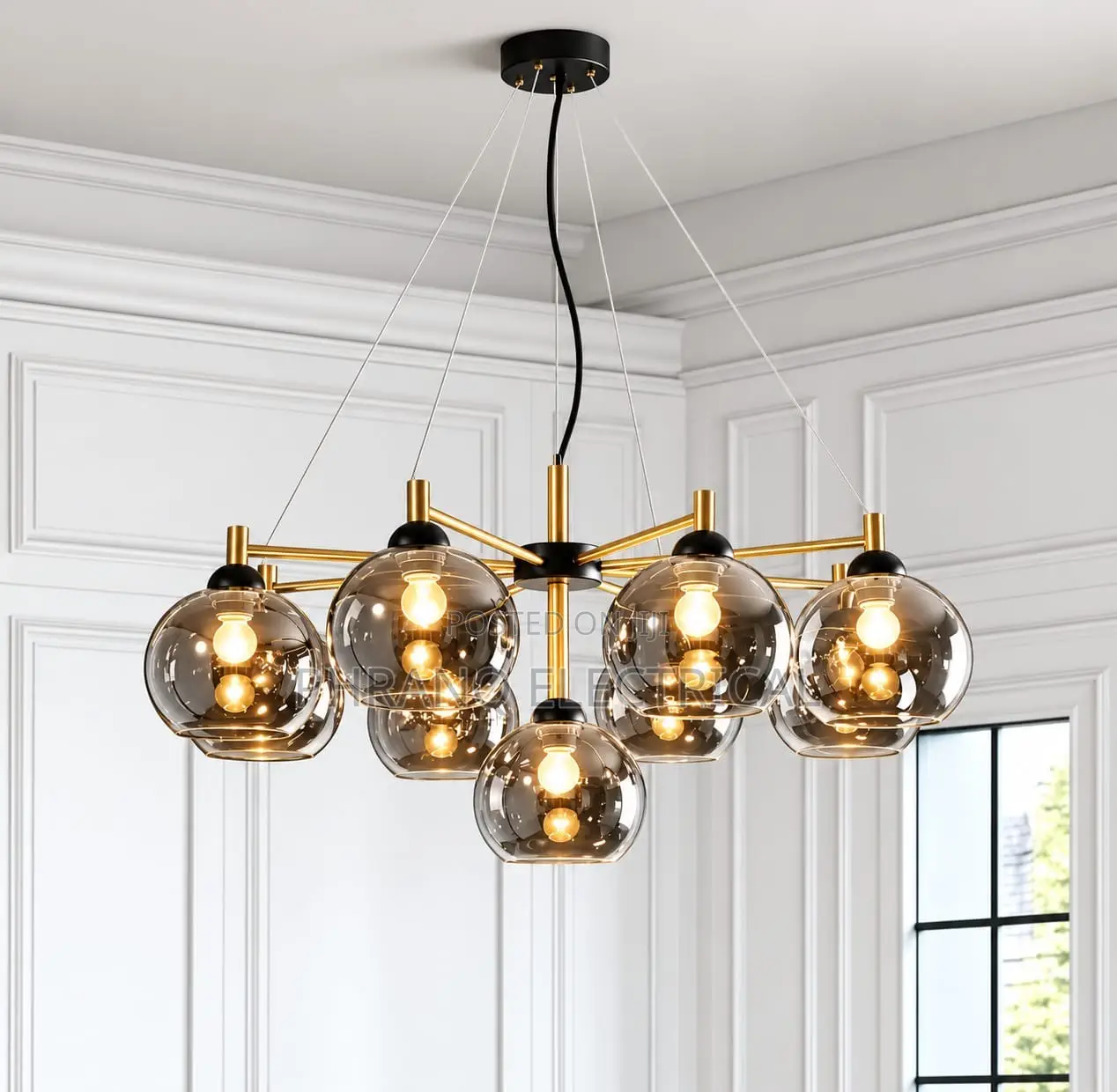 Modern Style Led Chandelier, With Amber Glass Spherical Lampshade