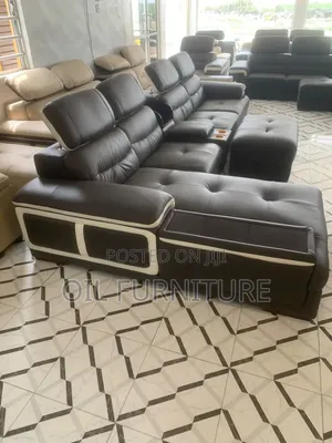 ​Modern Luxury L-Shaped Leather Couch With Ottoman Cup Holder Consol