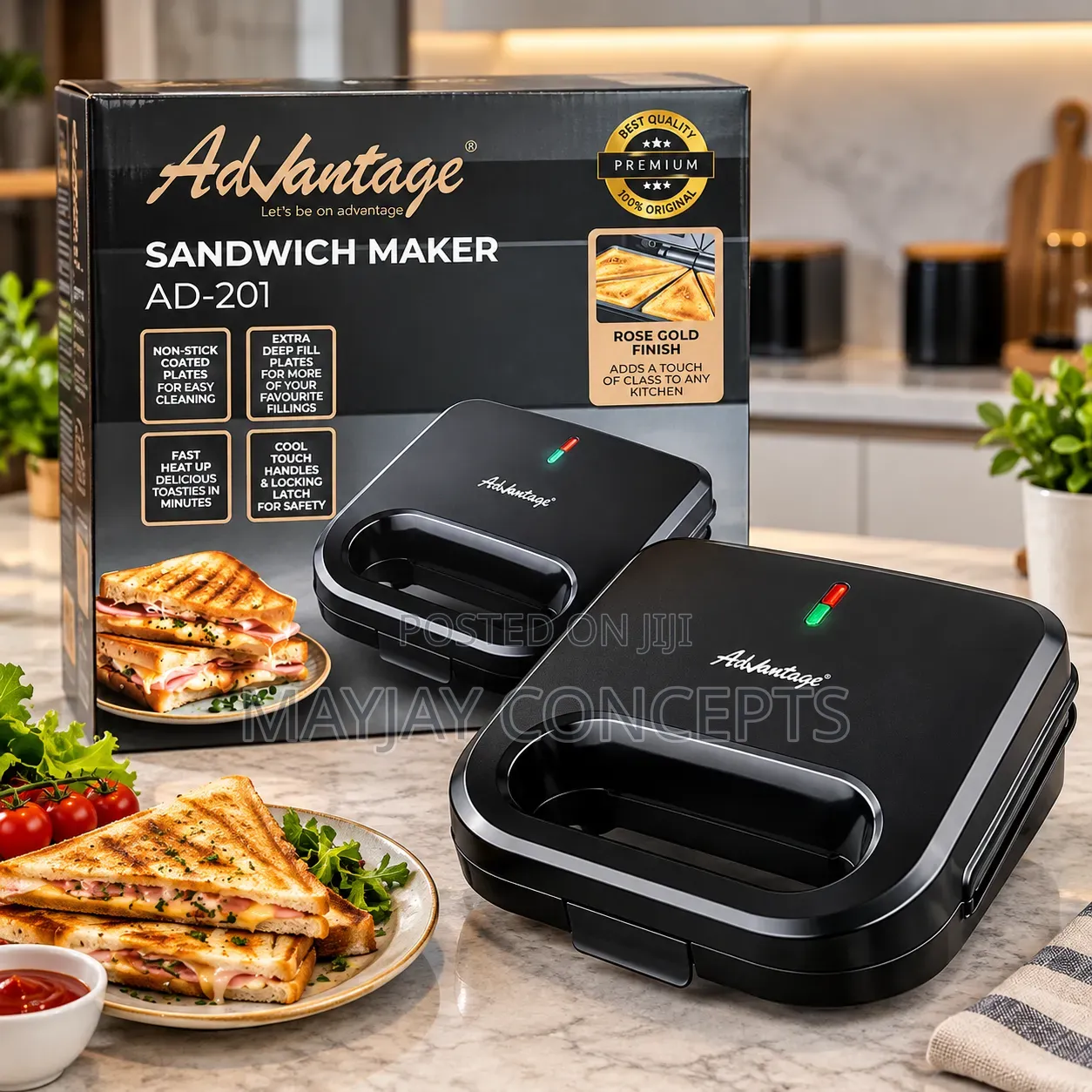 ADVANTAGE Sandwich Maker With Non-Stick Deep Fill Plates Latch