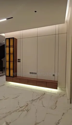 Modern White TV Wall Unit With Wood Console LED Lighting