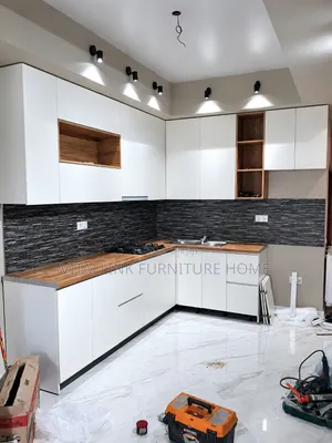 Modern White Kitchen Cabinets With Wood Countertop Shelves