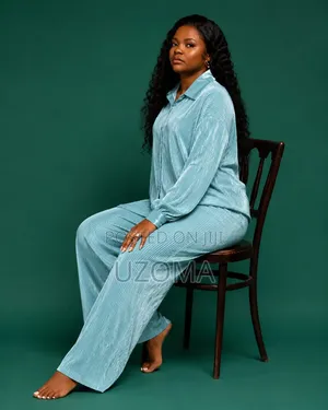 Elegant Women's Pleated Lounge Set - Sky Blue and Orange Colour.