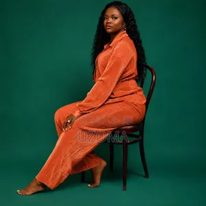 Elegant Women's Pleated Lounge Set - Sky Blue and Orange Colour.