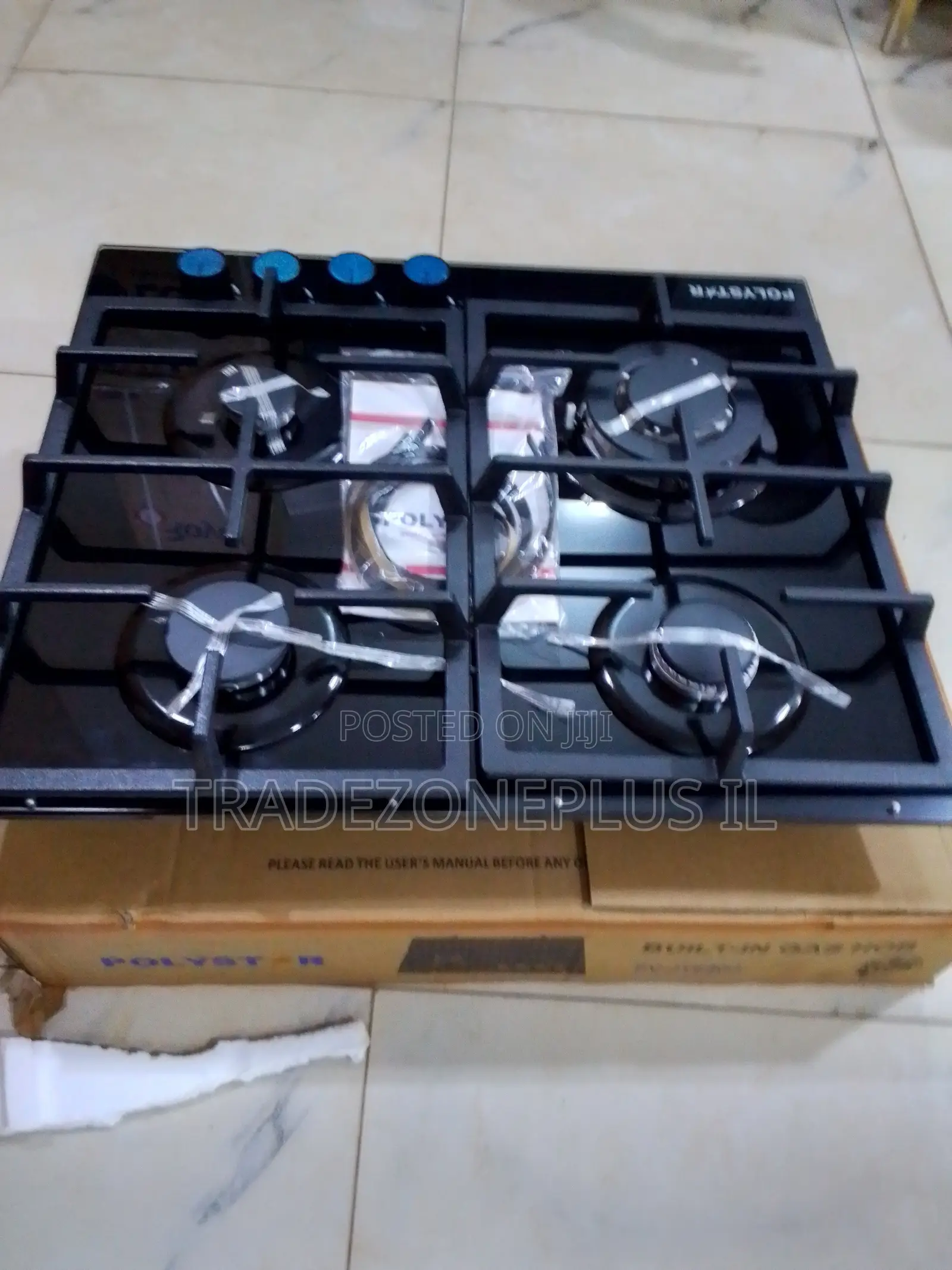 Polystar 4 Burner Black Tempered Glass Cooker