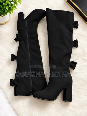 Black Faux Suede Bow-Back Thigh-High/Over-the-Knee Block Heel Boots.