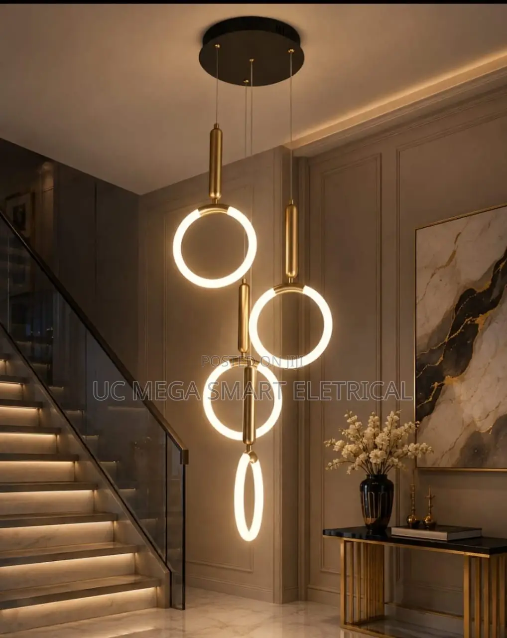 Modern LED Long Staircase Chandelier Hanging Ring Pendant Light Villa