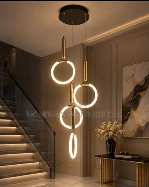 Modern LED Long Staircase Chandelier Hanging Ring Pendant Light Villa