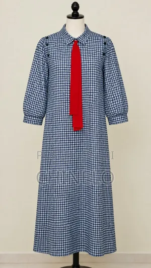 "Houndstooth Print Dress With Red Tie Detail