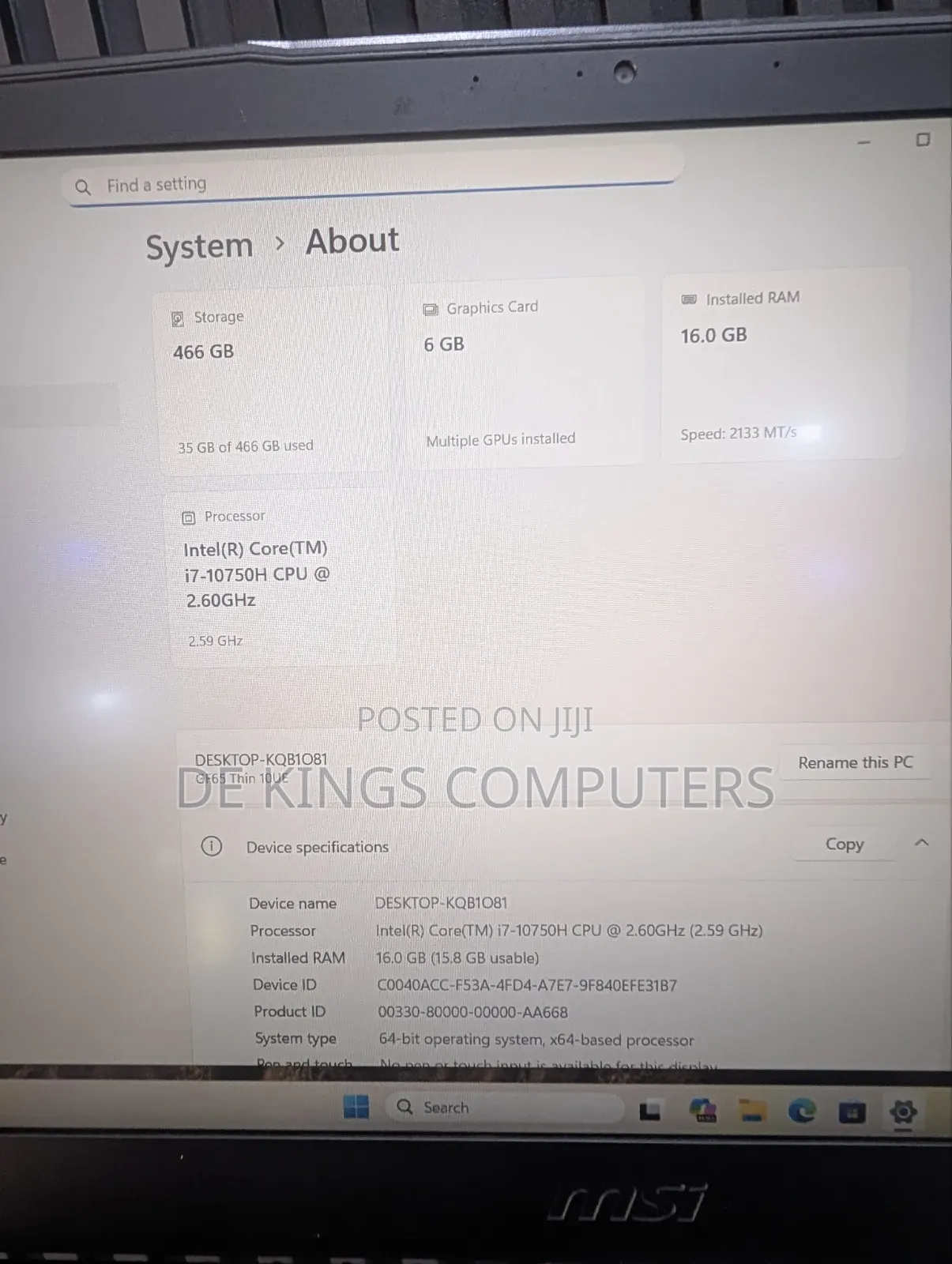 Laptop MSI GF65 Thin 10UE 16GB Intel Core i7 SSD 512GB