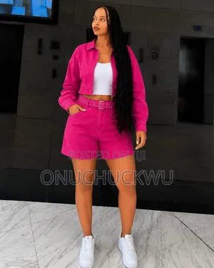 Hot Pink Denim 2 Piece Jacket & Short Set With Belt