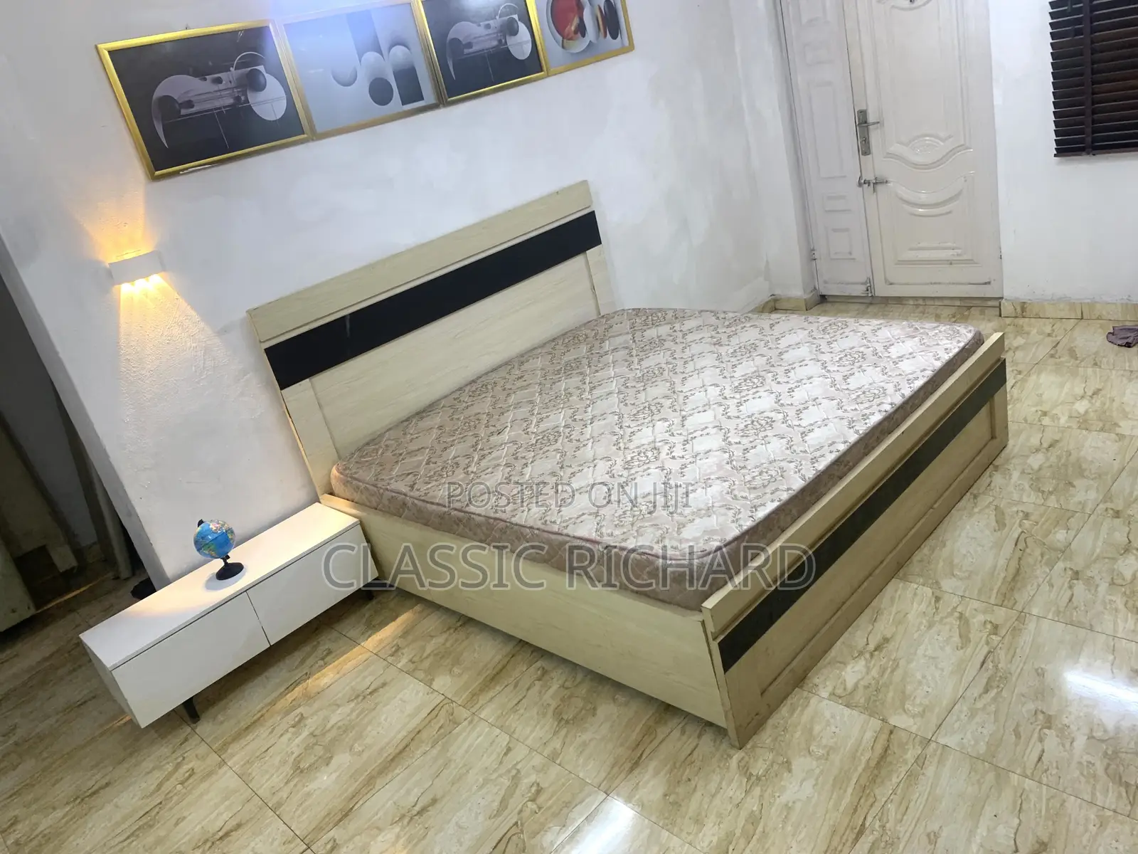 Bedframe and Mattress and White TV Console