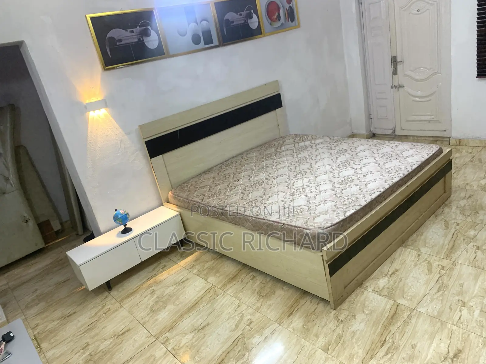 Bedframe and Mattress and White TV Console
