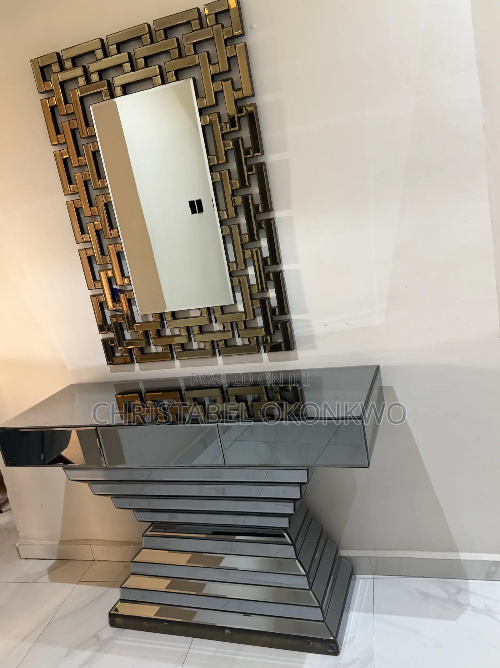 Mirrored Console Table With Attached Drawer and Statement Mirror .