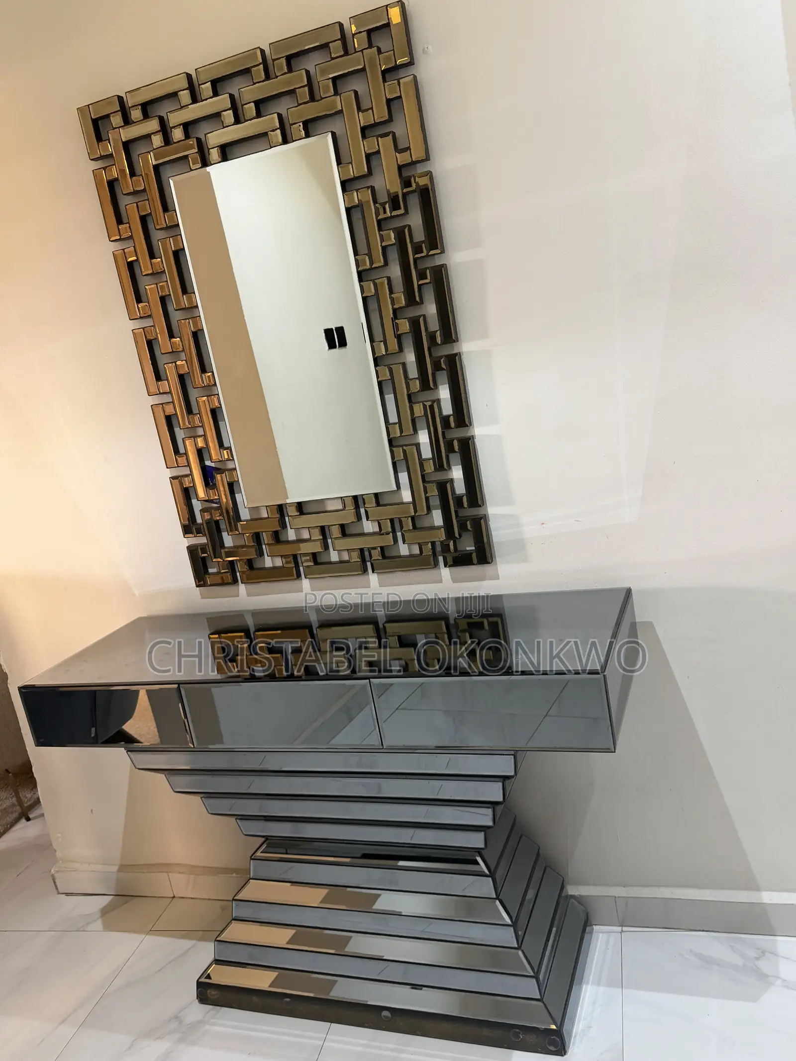 Mirrored Console Table With Attached Drawer and Statement Mirror .