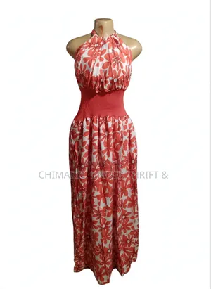 Ladies Halter Neck Open Back Maxi Gown - Coral Floral - Free Size