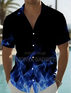 Men'S Blue Flame Gradient Short Sleeve Shirt,