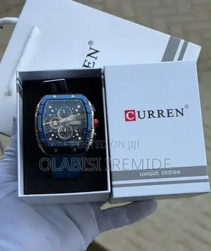 Curren Unique Design Chronograph Wristwatch- Blue Luxury Tonneau + Box