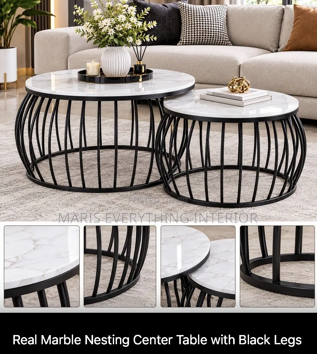 Real Marble Nesting Center Table With Black Legs With Free Delivery