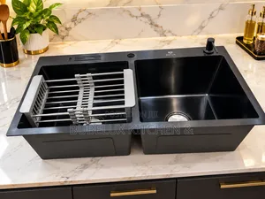 Luxury Double Bowl Black Kitchen Sink With Drainer Faucet Hole
