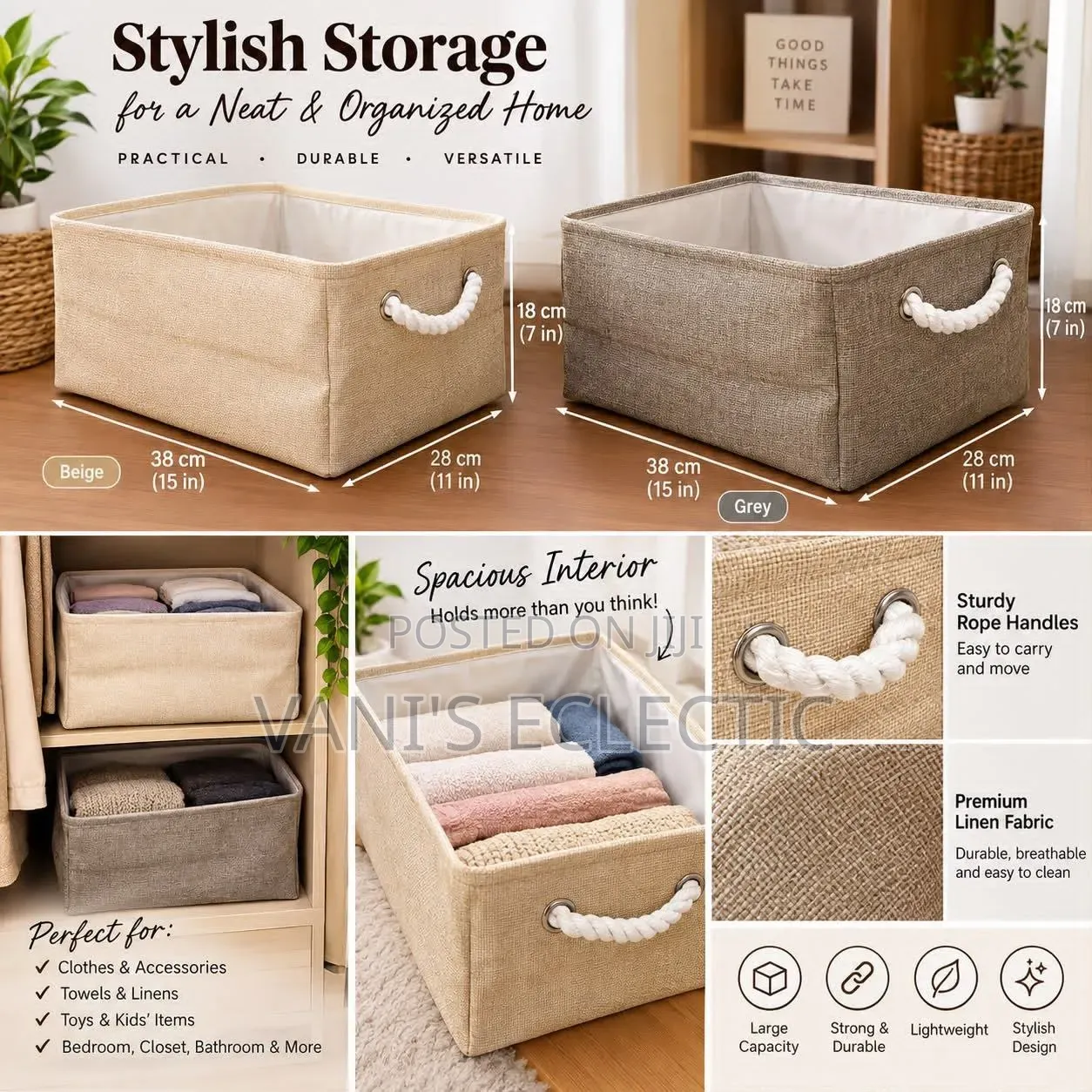 Stylish Cotton-Linen Hamper Basket / Foldable Storage Organizer Box