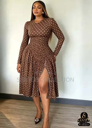 Luxury Polka Dot Ruched Pleated Midi Dress With Slide Slit