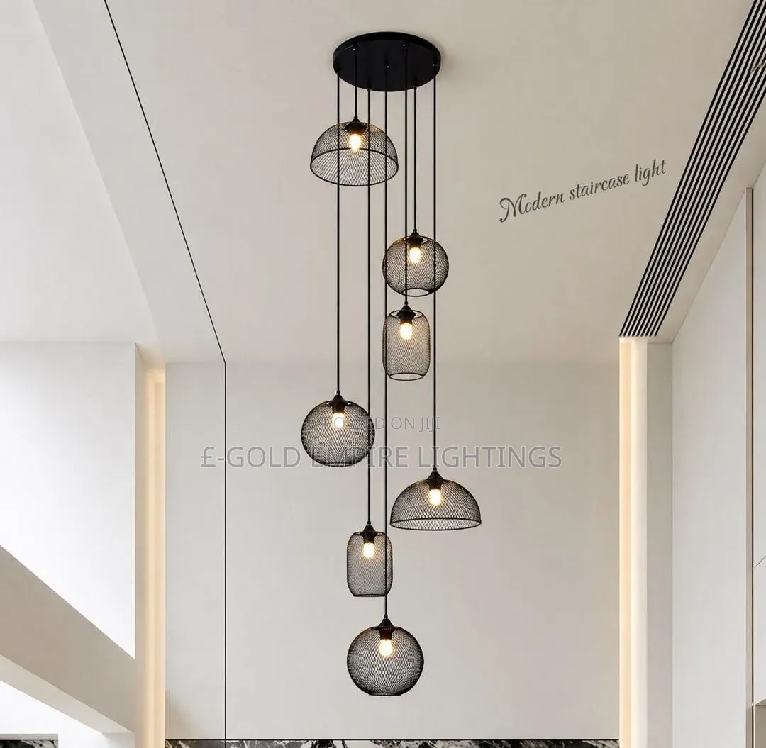 Modern 7 Drop Mesh Chandelier - For Staircase, Open Void, High Ceiling