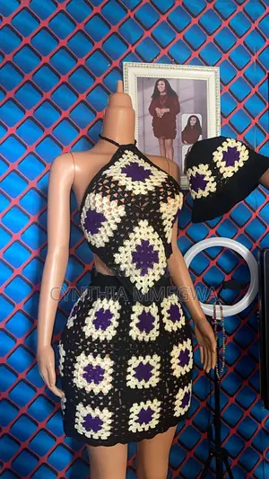 Crochet Three Pieces Set,halter Neck Kite Shape Top,skirt,bucket Hat