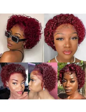 Human Hair Frontal Jerry Curl in Wine Red Color