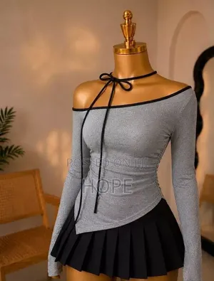 Off Shoulder Grey Shimmer Top With Neck-Tie, Trendy Ladies Wears