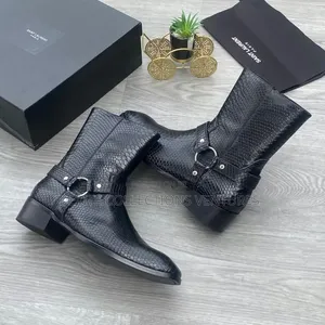 Black Leather Saint Laurent L Wyatt Harness and Zippered Boots