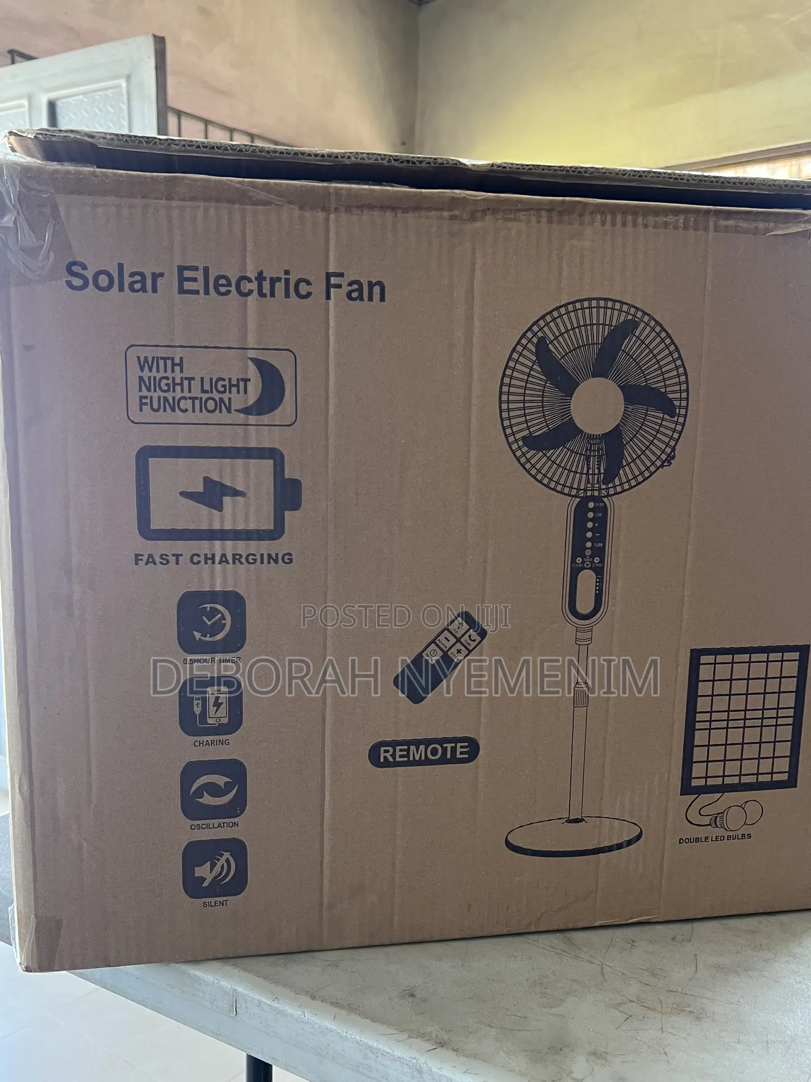 16”inch Rechargeable Standing Solar Fan + Panel + 2 Bulbs