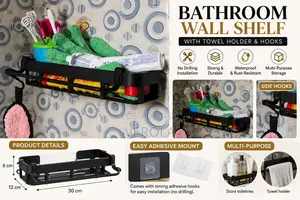 Black Bathroom Wall Shelf With Towel Holder Hooks