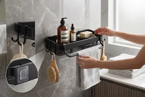 Black Bathroom Wall Shelf With Towel Holder Hooks