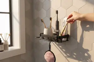 Black Bathroom Wall Shelf With Towel Holder Hooks