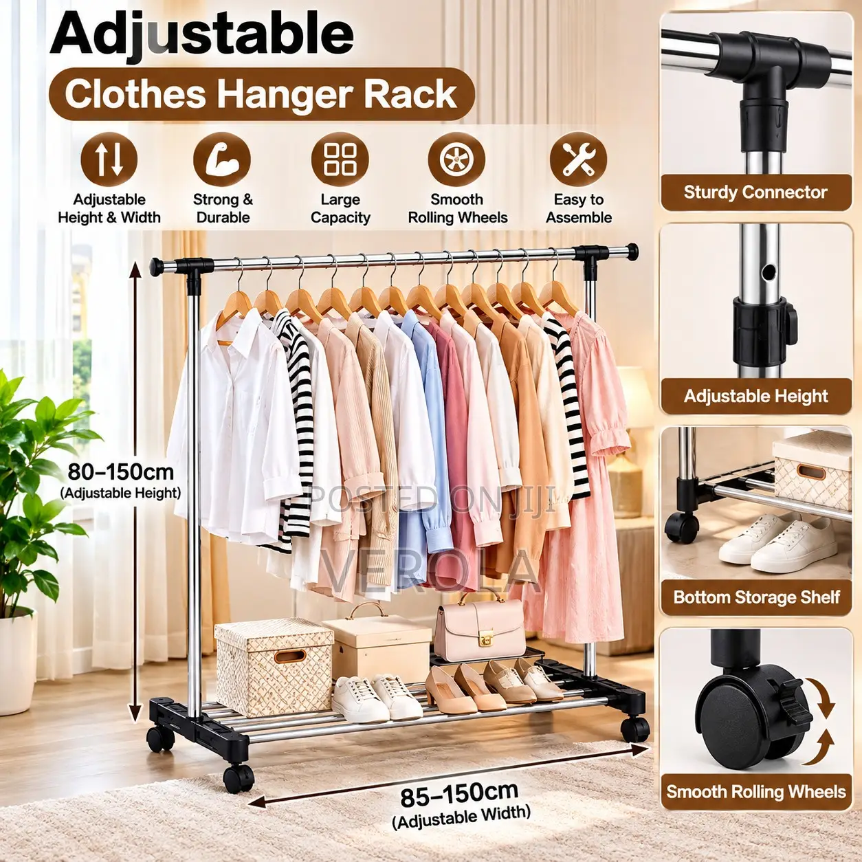 Adjustable Double Pole Clothes Rack With Wheels