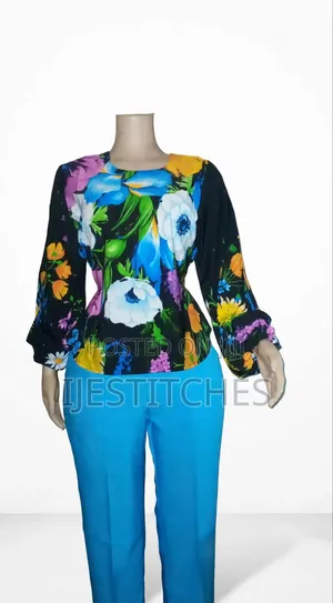 Floral Peplum Top and Blue Trouser 2-Piece Set - Office Wear