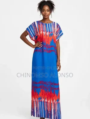 Women's Blue Red Printed Maxi Dress | Free Size Casual Church Wear