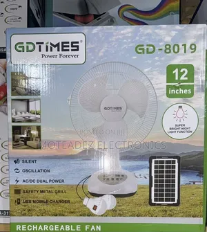 GD Times Solar/Electric 12" Rechargeable Table Fan With Solar Bulbs