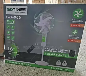 GD Times 16" Solar Rechargeable Standing Fan W/Remote, Solar and Bulbs